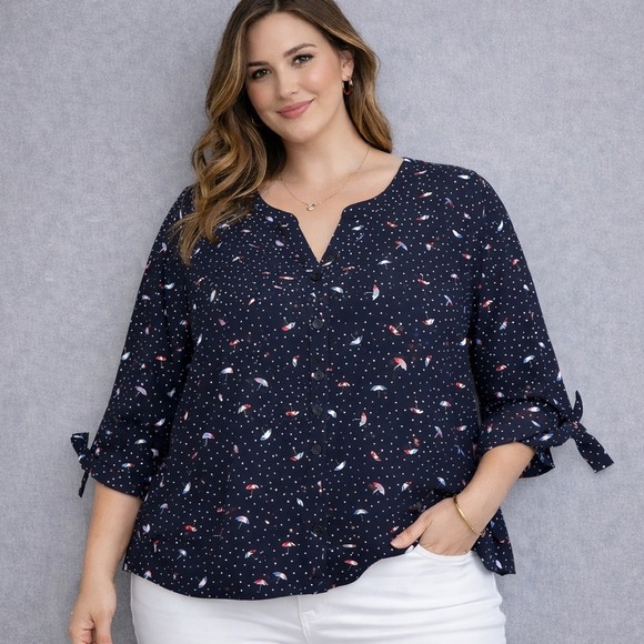 Catherines Tops - Catherines Womens Top Plus 1X Navy Blue‎ Umbrella Pattern V Neck Tunic Classid
